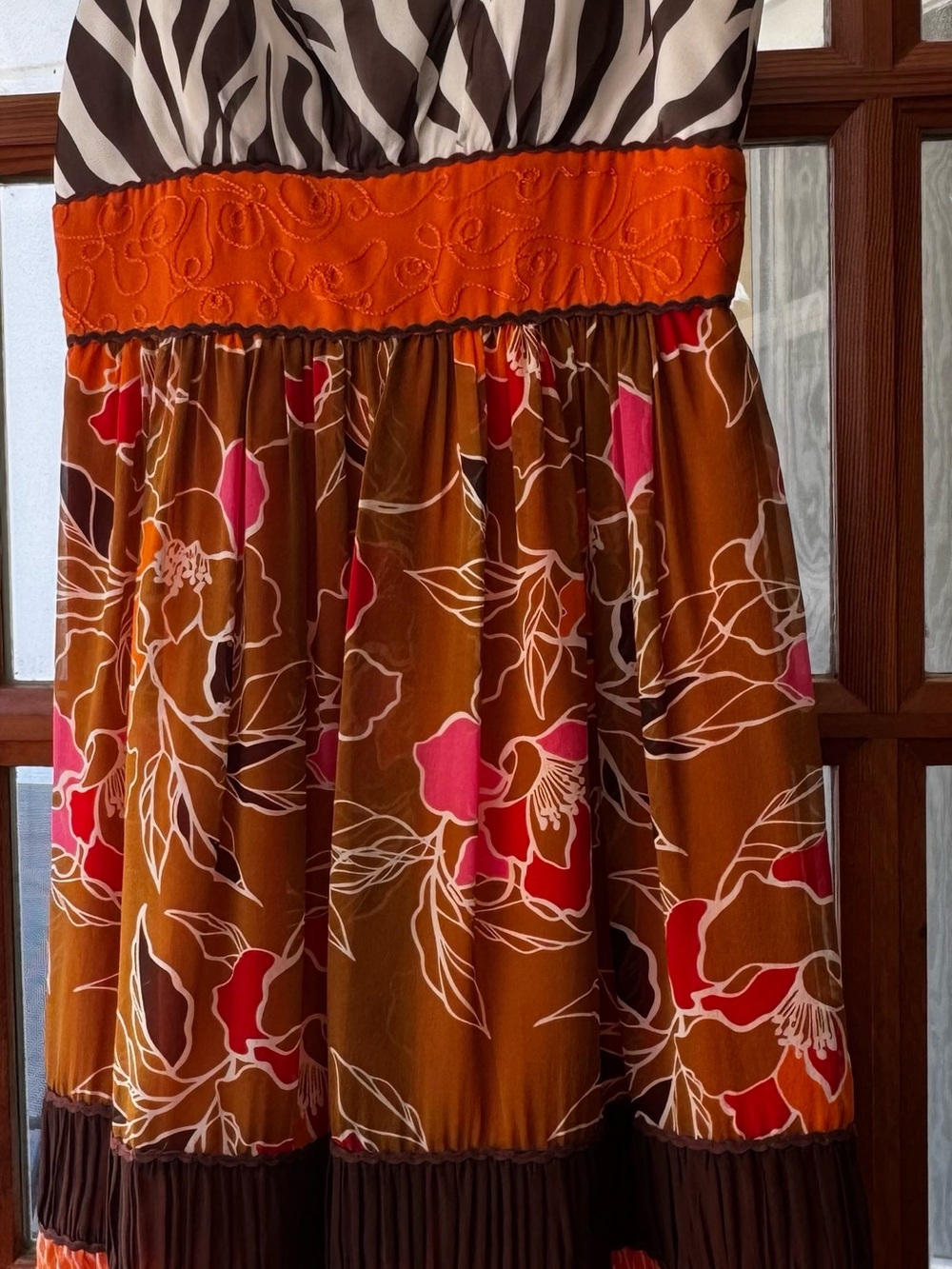 Max & Cleo Brown Orange Floral Tiered Dress with Pink Accents, Size 6